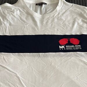 Michael Kors White Tee with Navy Stripe and Red Accents